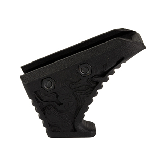 Black textured plastic component with a serrated edge and mounting holes, possibly a grip or accessory part.