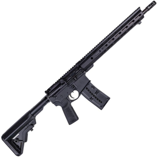 Close-up of a black semi-automatic rifle with a long slotted quad-rail handguard and stock, viewed diagonally up-right.