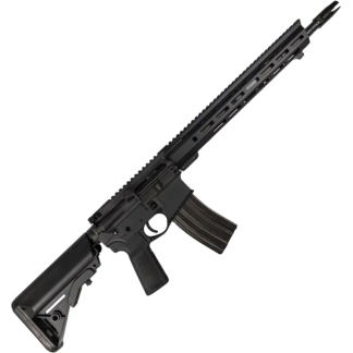 Black semi-automatic rifle with a long Picatinny handguard and attached curved magazine, angled diagonally on a white background.