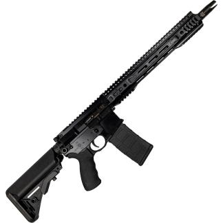 Close-up of a black tactical rifle with a long handguard and rails, magazine inserted, shown at an angle.