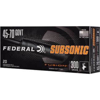 Box of Federal Fusion Subsonic .45-70 Government ammo, 20 rounds, 300-grain soft-point, made in the USA.