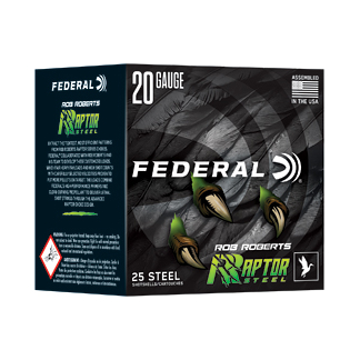 Box of Federal 20-gauge shotgun shells, 25 steel, Raptor System branding on a dark box