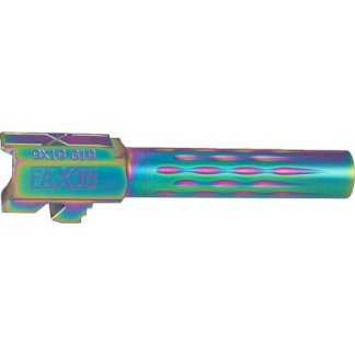 Rainbow anodized Faxon muzzle brake with vented, flame-like cutouts and mounting shank.