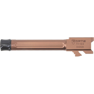 Copper-colored firearm barrel with a black muzzle cap on the left and a front sight/bayonet lug assembly on the right.