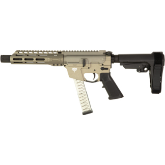 Tan and black semi-automatic rifle with a rail-equipped handguard, a pistol grip, and a translucent curved magazine.