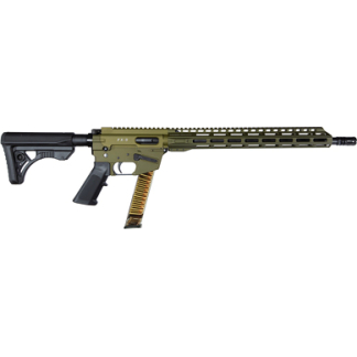 Olive AR-15 style rifle with adjustable stock, long tan handguard, and a yellow curved magazine.