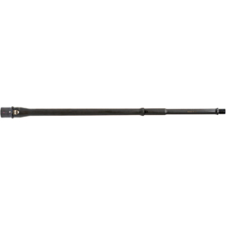 Long black rifle barrel laid horizontally with a cylindrical attachment at the left end