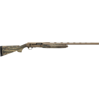 Camouflage-pattern hunting rifle shown in profile with a tan barrel and scope rail.