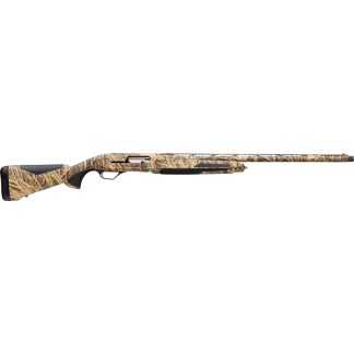 Camouflage-pattern pump-action shotgun with a long barrel and black buttstock in side profile.
