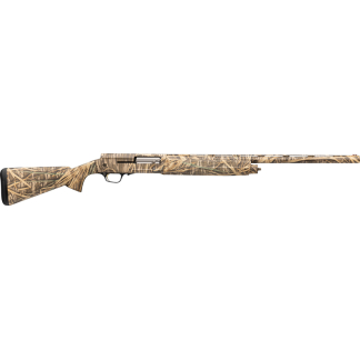 Camouflage-patterned hunting rifle with wooden stock and long barrel pictured from side view