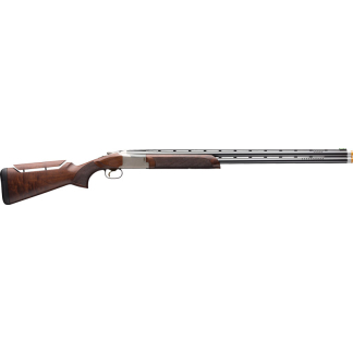 Over-under double-barreled shotgun with a wooden stock and polished metal receiver, viewed from the side.