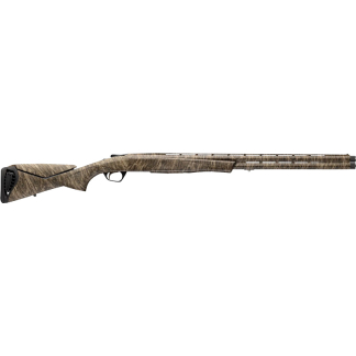 Long-barreled hunting shotgun with a wood camouflage stock, shown in side profile