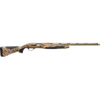 Camouflage-pattern hunting rifle laid horizontally with a long barrel.
