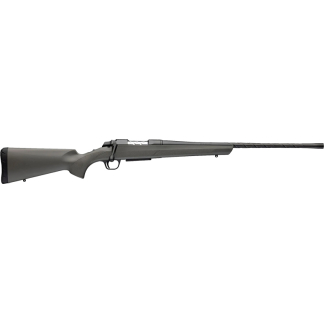 Bolt-action rifle with a matte black synthetic stock and long barrel, shown in profile