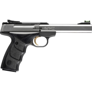 Side view of a semi-automatic pistol with a silver slide and black textured grip, shown in profile.
