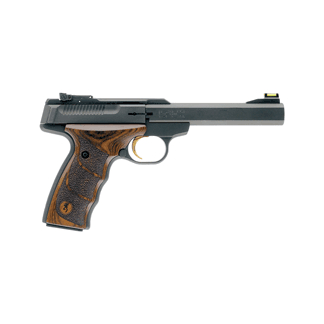 Side view of a semi-automatic pistol with a wood-textured grip and black slide