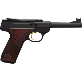 Side view of a semi-automatic pistol with a dark metal frame and carved wooden grip