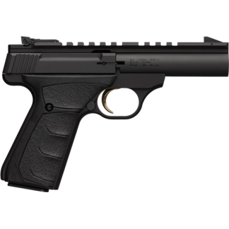 Side view of a black semi-automatic pistol with a textured grip and rail on the frame.