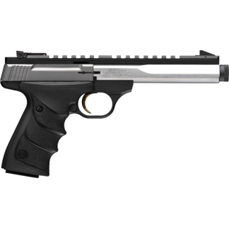 Semi-automatic handgun with a black ergonomic grip, silver slide, and a top Picatinny rail for accessories, shown from the left side.
