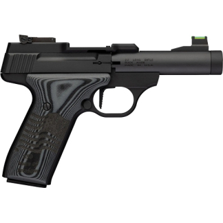 Black semi-automatic pistol shown in profile with a long barrel/suppressor-like attachment, textured grip, and iron sights.
