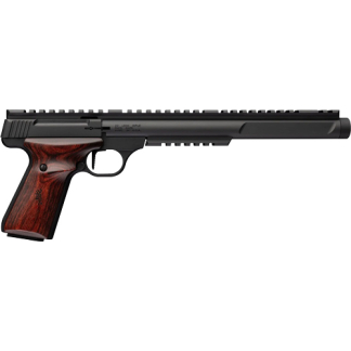 Semi-automatic handgun with a black frame, wooden grip, and top rail.