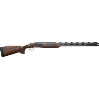 Side view of a double-barrel shotgun with a wooden stock and blued metal barrels.