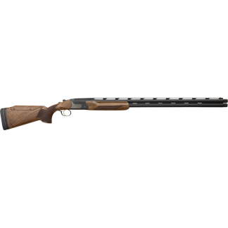 Double-barrel shotgun with a wooden stock and ventilated rib barrels.