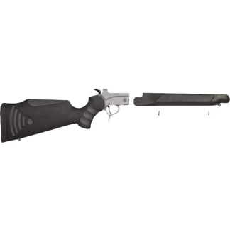 Disassembled pump-action shotgun: black buttstock on the left, gray/metal receiver in the middle, and a long ribbed barrel on the right
