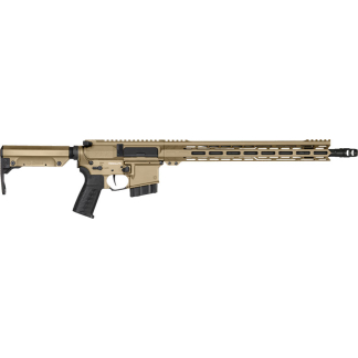 Tan modular rifle with adjustable stock, pistol grip, and long quad-rail handguard.