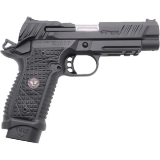 Side view of a black semi-automatic pistol with a textured grip and stainless slide on a white background.