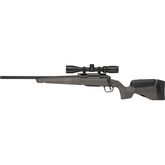 Bolt-action hunting rifle with a scope mounted on a rail, showing a long barrel and dark gray stock