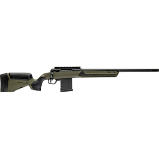 Olive-green bolt-action rifle with a long barrel, scope rail, and detachable box magazine.