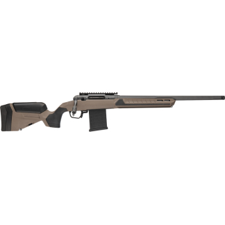 Tan tactical rifle with adjustable buttstock, polymer grip, long barrel, and detachable box magazine.