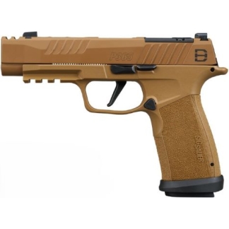 Left-side view of a tan semi-automatic pistol with a textured grip and accessory rail.