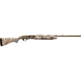 Camouflage-pattern hunting shotgun with a long barrel, viewed from the side.