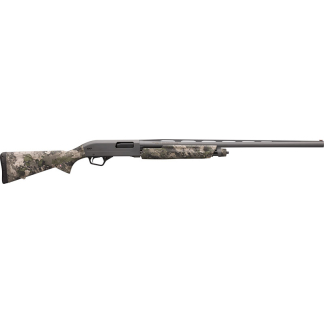 Camouflage-pattern pump-action shotgun shown from the side