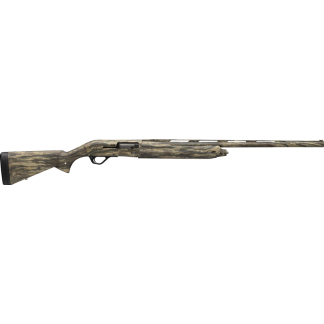Camouflage-pattern hunting rifle with a long barrel and wooden stock.