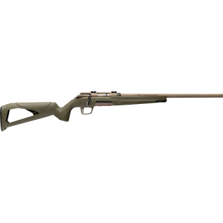 Olive-green bolt-action rifle with a long barrel and a synthetic stock.