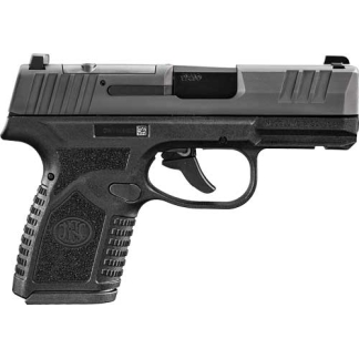 Side view of a black semi-automatic pistol with a textured grip and metal slide.