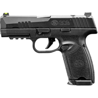 Black semi-automatic pistol with textured grip and small accessory rail, shown in profile on a white background