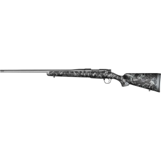 Bolt-action rifle with a camouflaged stock shown in side profile