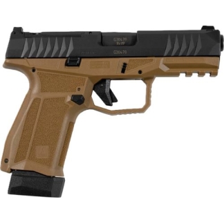 Side view of a tan polymer-framed semi-automatic pistol with a black slide and textured grip