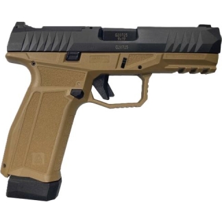 Tan polymer-frame semi-automatic pistol with a black slide, shown in profile from the right side