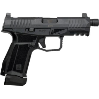 Black modern semi-automatic pistol with angular grip and top rail that runs along the slide.