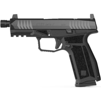 Black semi-automatic handgun with textured grip and underside accessory rail