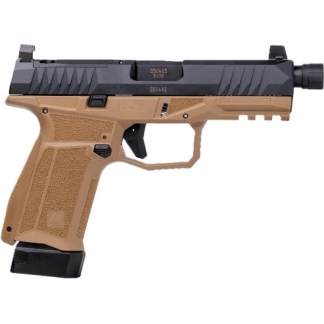 Two-tone semi-automatic pistol with tan grip and black slide, featuring a front accessory rail and textured grip.