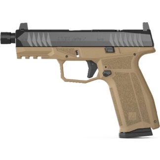Tan and black semi-automatic pistol with textured grip and accessory rail.