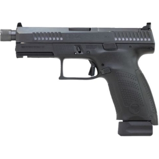 Side view of a black semi-automatic pistol with a textured grip and a protruding magazine at the base.
