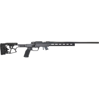Black precision rifle with adjustable stock, pistol grip, and a long modular fore-end topped by a scope.