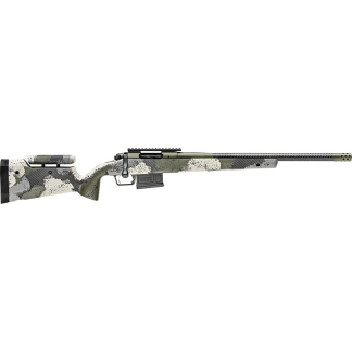 Camouflage-pattern sniper rifle with a long barrel, side profile, and detachable magazine.
